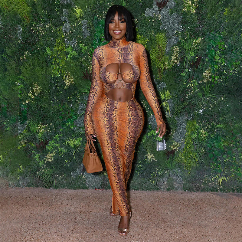 Damen Maxikleid mit elegantem Schlangenhautmuster und hoch geschlossenem Kragen Drune