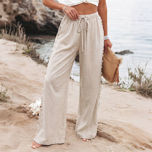 Damen Leichte Leinenhose mit weitem Bein, Kordelzug und geflochtenem Seitendetail Drune