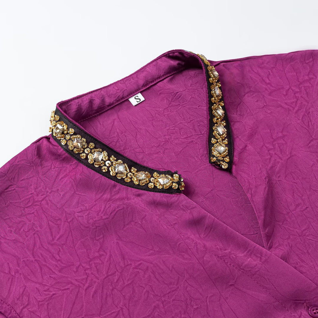 Damen Ärmellose Crinkle-Bluse mit Knopfleiste und besticktem V-Ausschnitt Drune