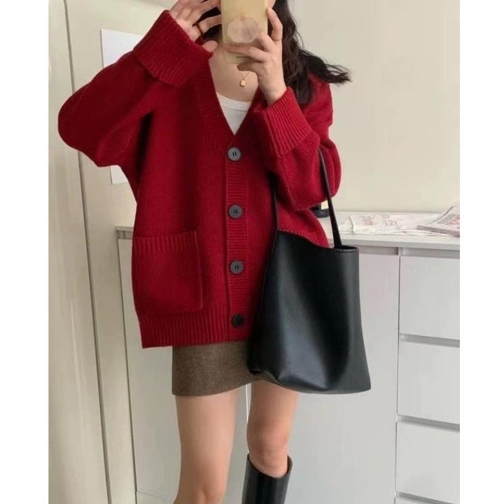 Damen Grob gestrickter Cardigan mit großen Taschen und tiefem V-Ausschnitt Drune