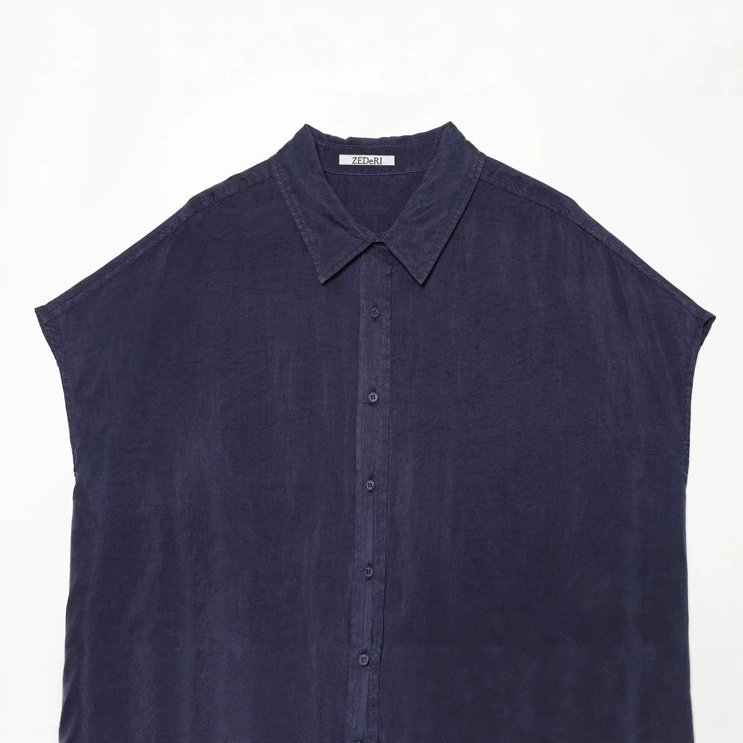 Damen Oversize Ärmellose Hemdbluse aus Leinenoptik mit durchgehender Knopfleiste Drune
