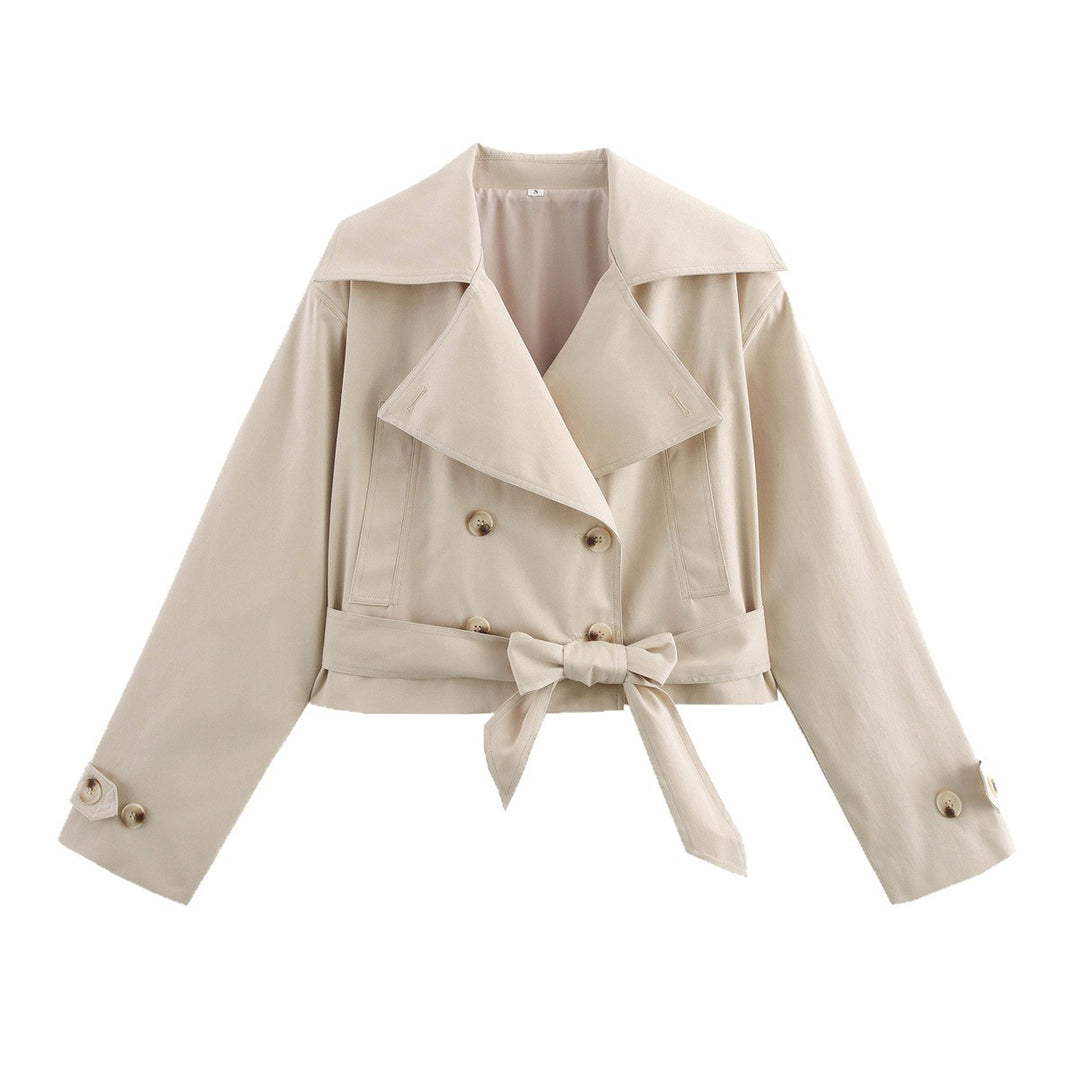 Damen Cropped Trenchjacke im Boxy‑Schnitt mit weitem Revers und Bindeschleife Drune