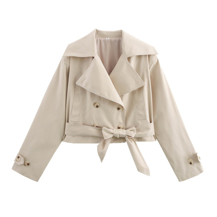 Damen Cropped Trenchjacke im Boxy‑Schnitt mit weitem Revers und Bindeschleife Drune