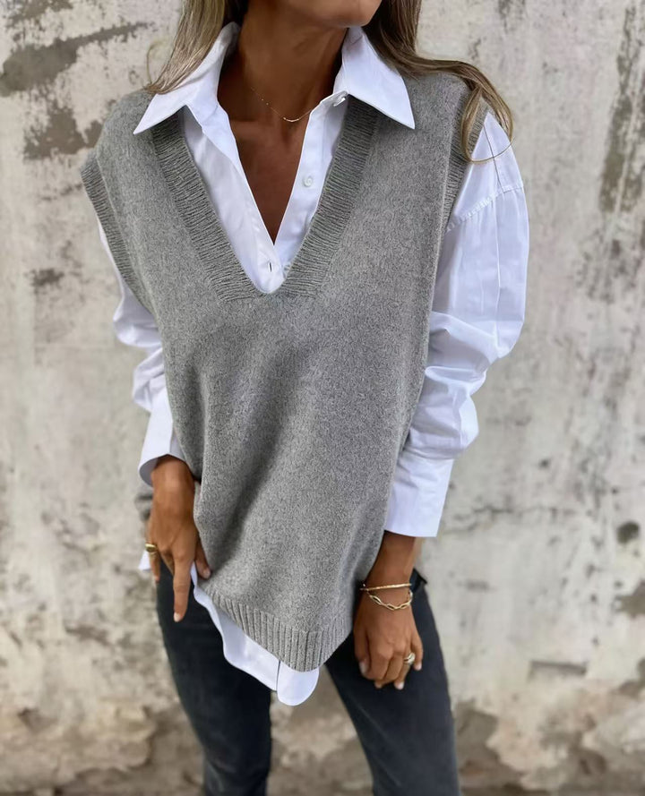 Damen eleganter Strickpullunder mit V-Ausschnitt und feinen Rippdetails Drune