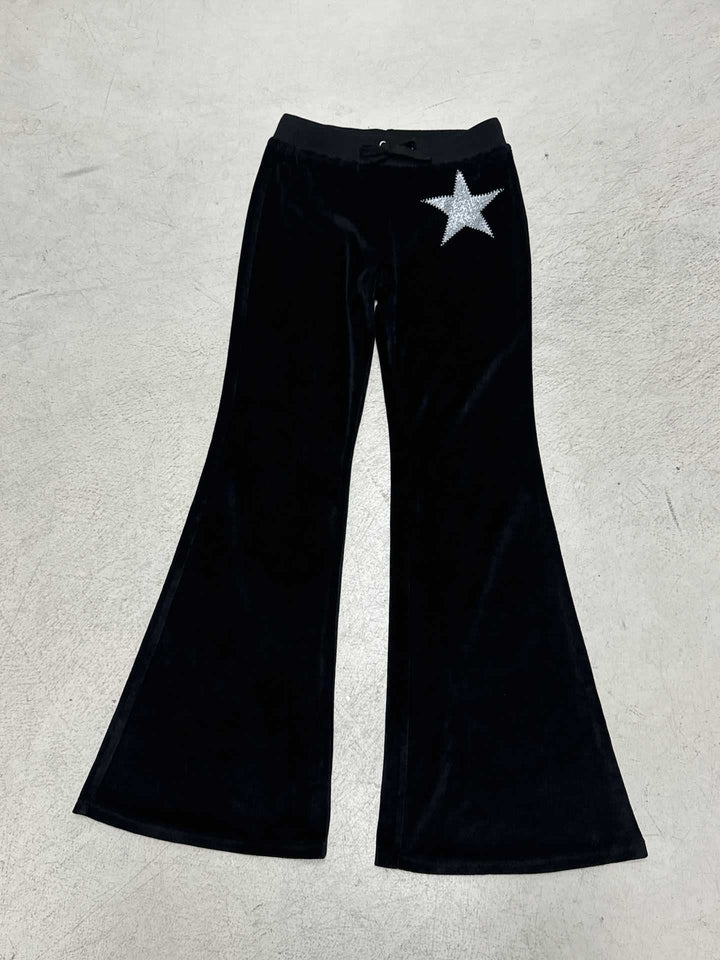 Damen weiche Velours‑Schlaghose mit Zierstern aus Strass und Tunnelzugbund Drune
