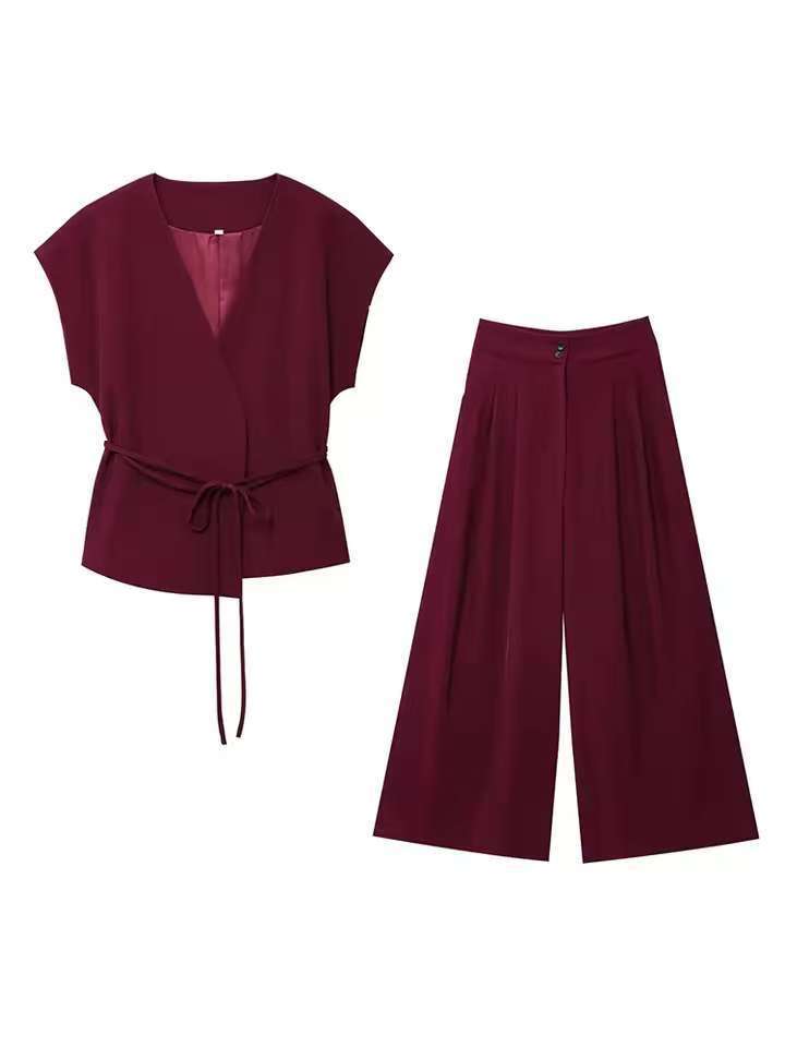 Damen elegantes Wickeloberteil und weite Palazzo-Hose Set Drune