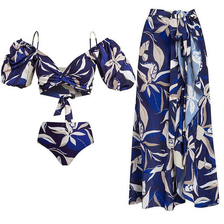Damen Bikiniset mit Puffärmeln und elegantem Wickelrock Drune