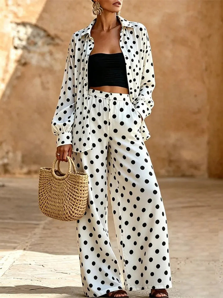 Damen Zweiteiliges Punkte-Loungewear-Set mit weitem Hemd und Palazzo-Hose Drune