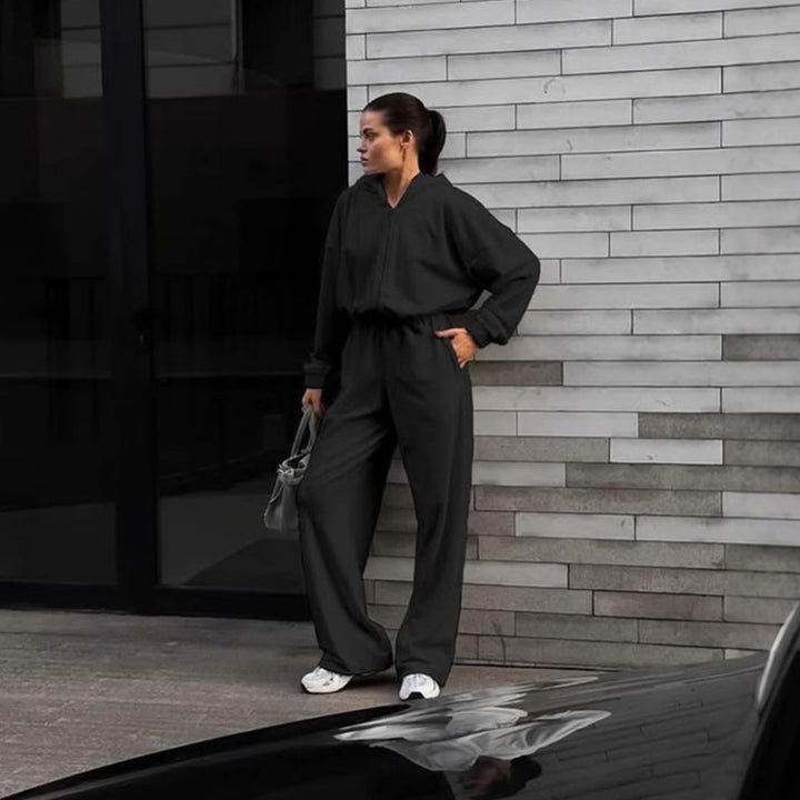 Damen Kapuzen-Jumpsuit mit weitem Bein elastischer Taille und Frontreißverschluss Drune