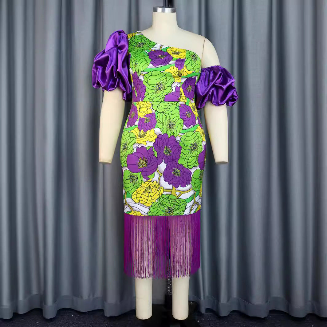Damen Elegantes Schulterfreies Kleid mit voluminösen Puffärmeln und Fransen Drune