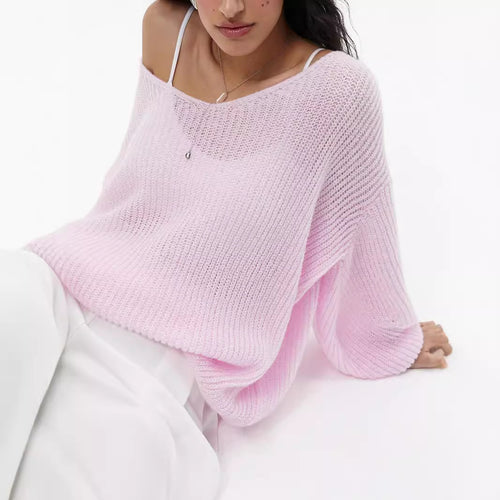 Damen lässiger Strickpullover mit tiefem V-Ausschnitt und voluminösen Ärmeln Drune