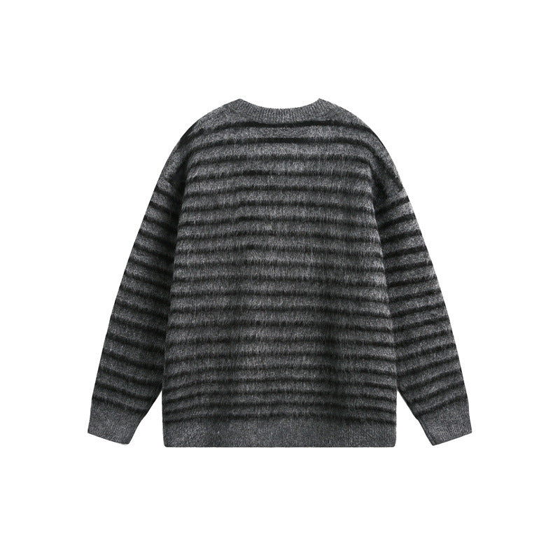 Unisex Oversize Gestreifter Flauschpullover mit Rundhalsausschnitt Drune