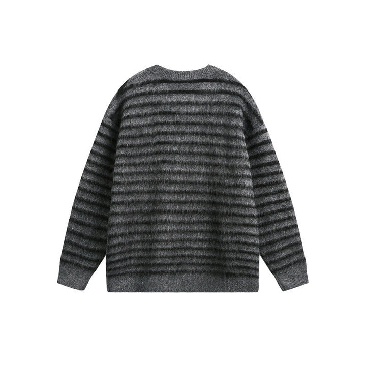 Unisex Oversize Gestreifter Flauschpullover mit Rundhalsausschnitt Drune