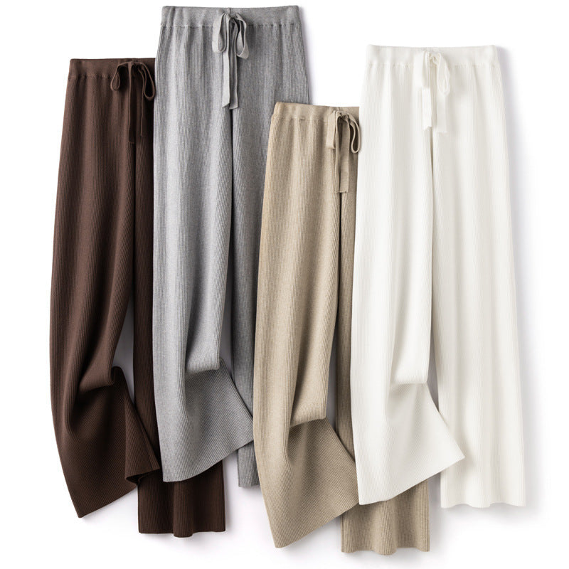 Damen Weite Rippstrick-Hose mit Tunnelzug und fließender Palazzo-Silhouette Drune