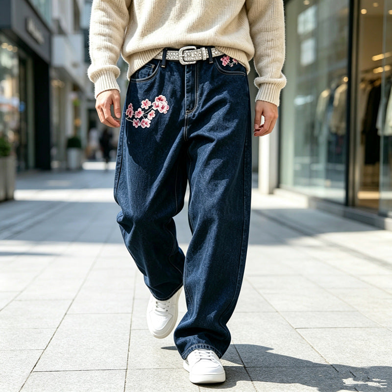 Herren Modische Weit geschnittene Denim-Hose mit Blumenstickerei Drune