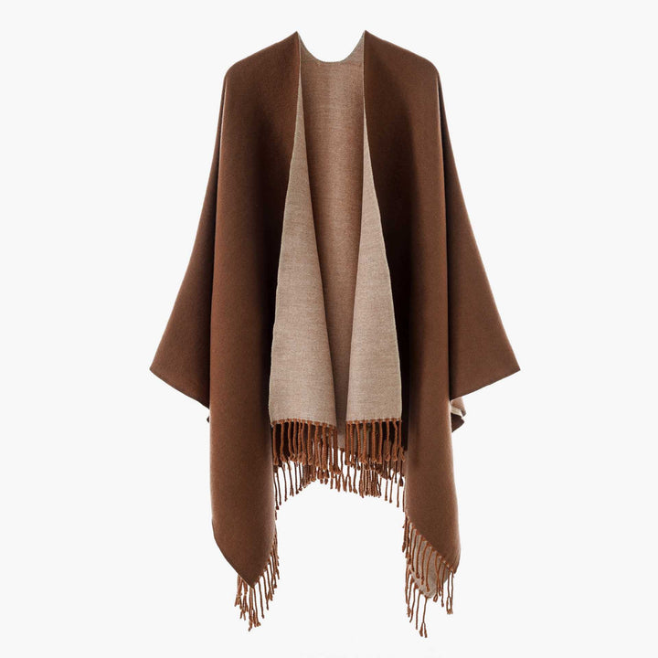 Damen Edler Umlegeponcho mit Reversoptik und Fransenabschluss Drune