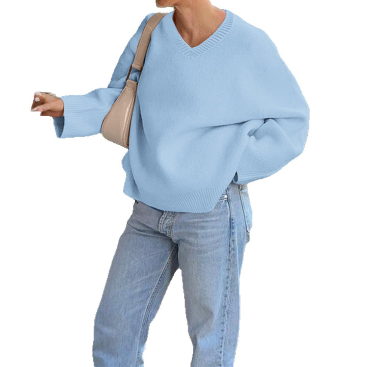 Damen nan oversized V-Ausschnitt Feinstrickpullover mit überschnittener Schulter, langen Kimonärmeln und breitem Rippbund Drune