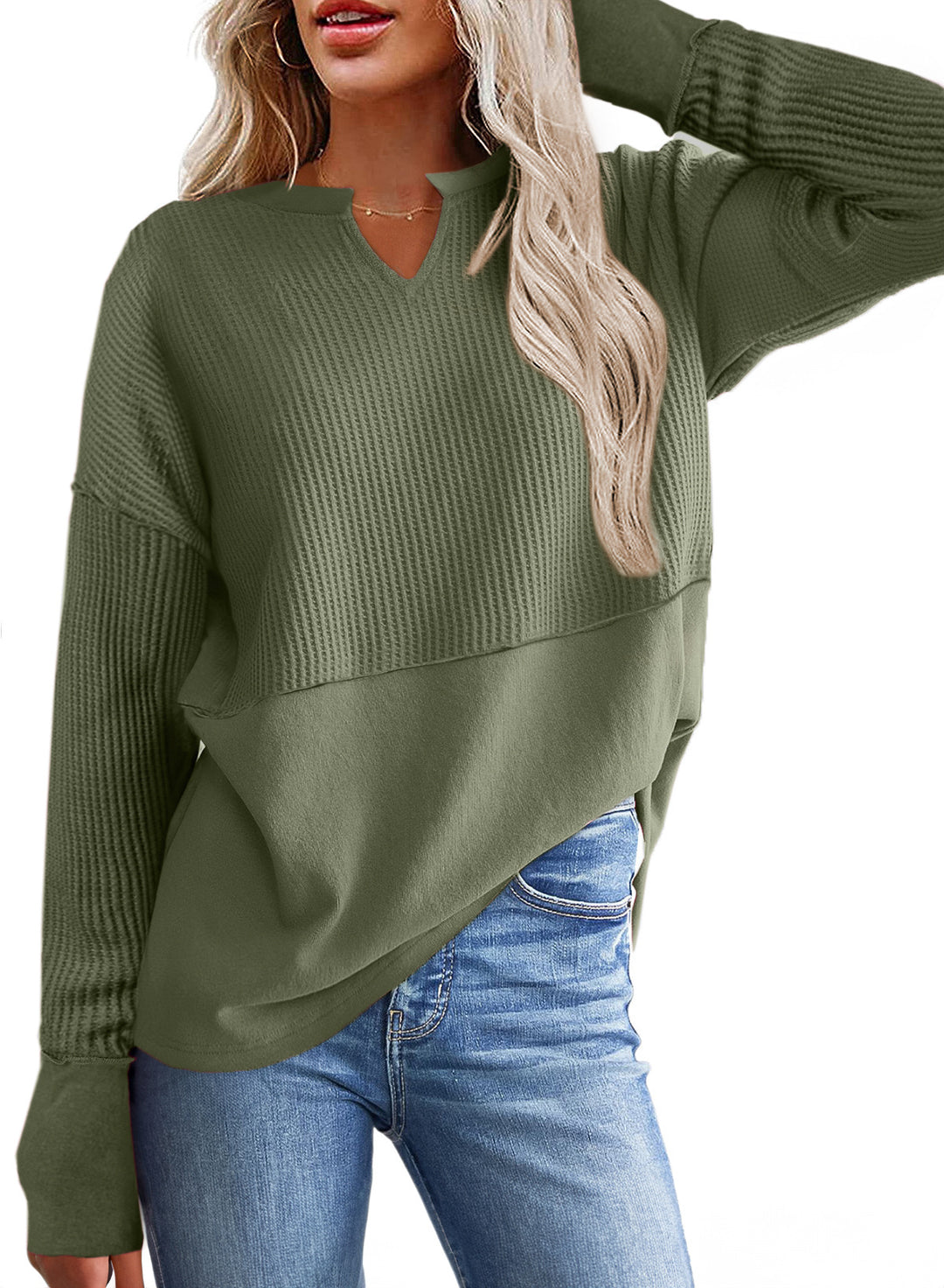 Damen Oversize-Pullover mit Waffle-Struktur, V-Notch und überschnittener Schulter Drune