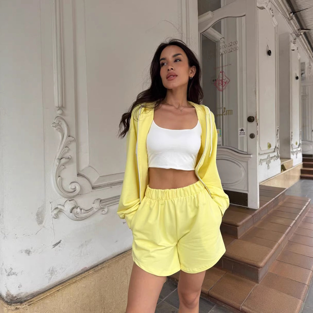 Damen lässiger Zip-Hoodie und Shorts-Set Drune