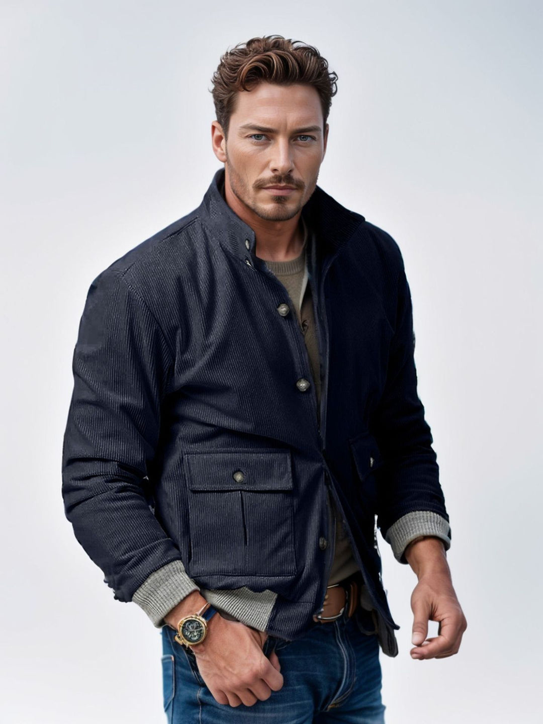 Herren Corduroy-Fieldjacke mit Pattentaschen und Stehkragen Drune
