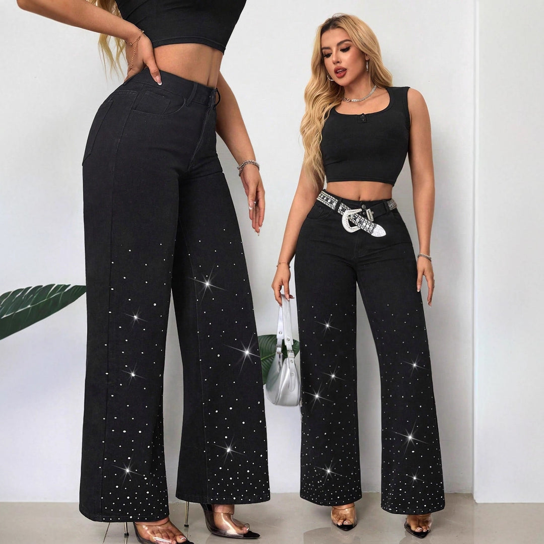 Damen High-Waist Jeans mit funkelndem Strassbesatz und weitem Schnitt Drune