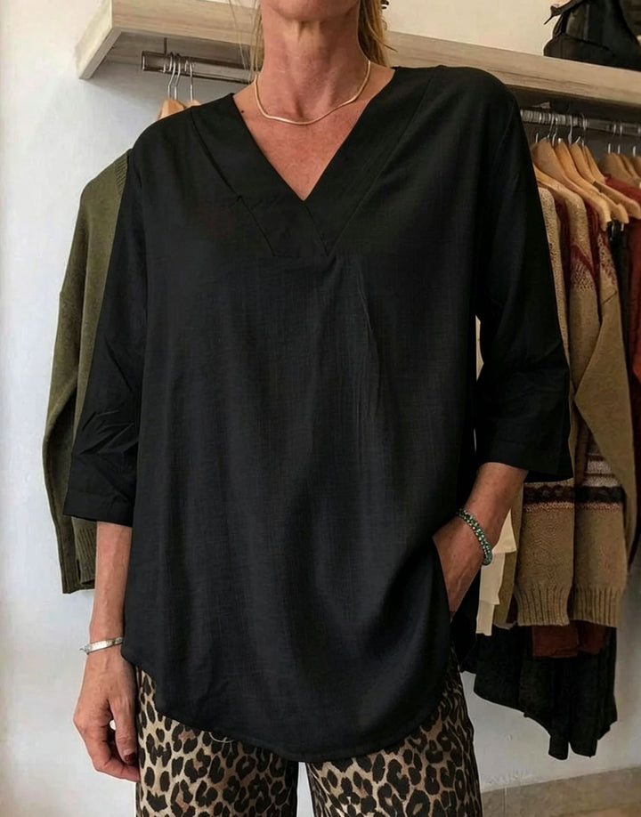 Damen Leichte Oversize V-Ausschnitt Tunika in Leinenoptik mit dreiviertel Ärmeln und abgerundetem Saum Drune