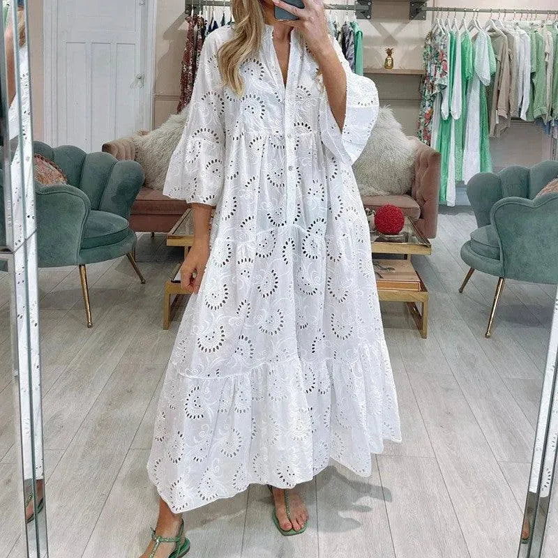 Drune | Frauenlanges V-Ausschnitt Kleid im französischen Stil