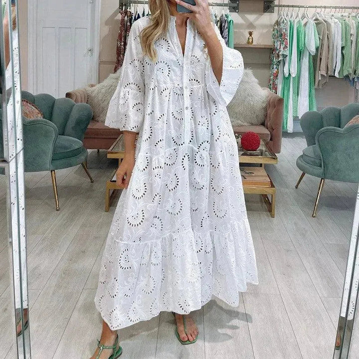Drune | Frauenlanges V-Ausschnitt Kleid im französischen Stil