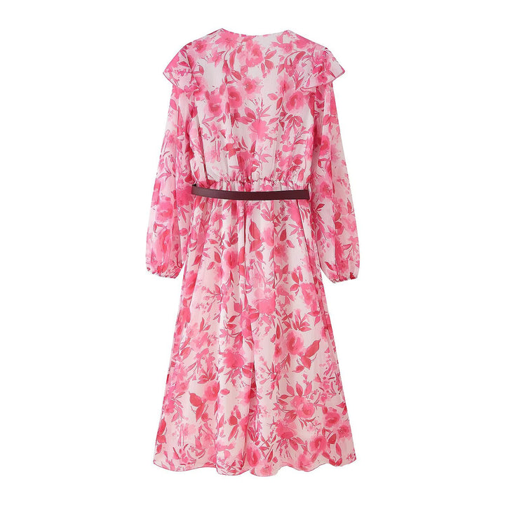 Damen nan fließendes Chiffon-Midikleid mit tiefem V-Ausschnitt, volants und tailliertem Gürtel Drune