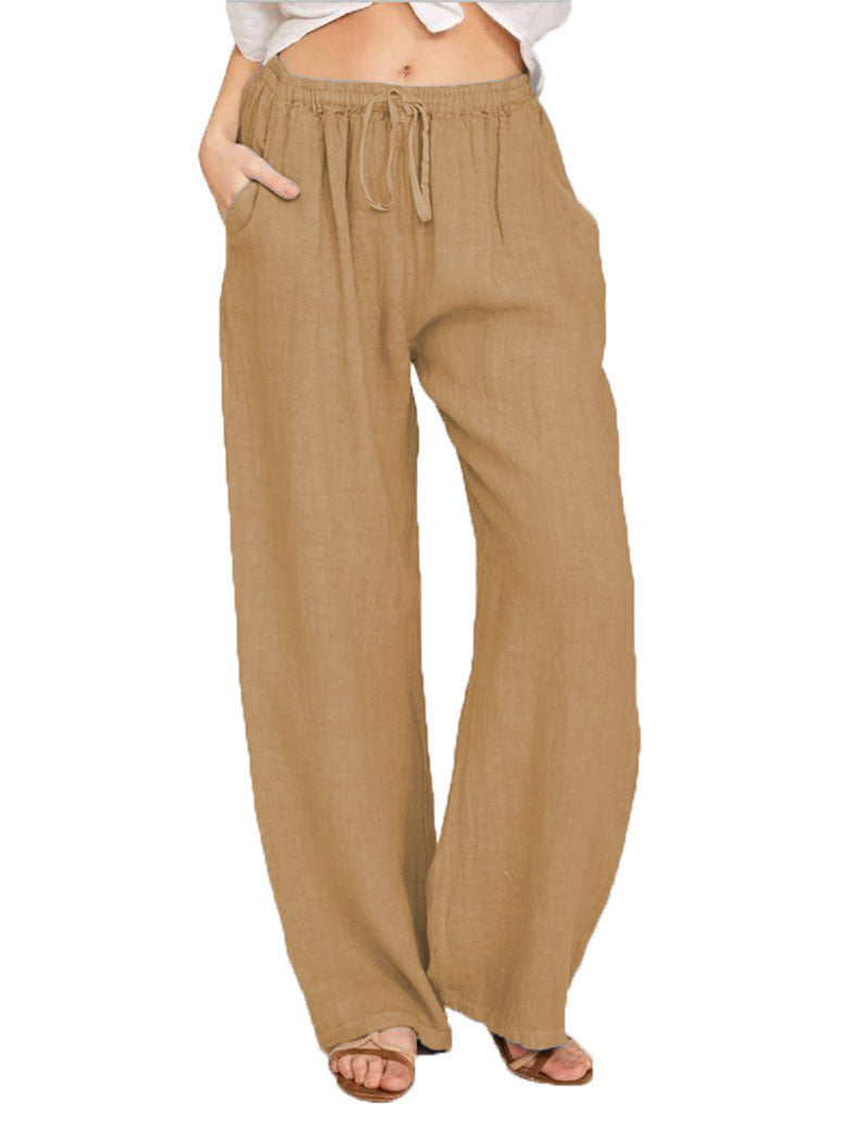 Damen Sommerliche Leinen-Palazzohose mit elastischem Bund, Seitentaschen und weitem Bein Drune