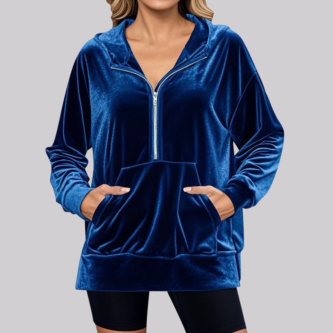 Damen Lässiger Velvet Hoodie mit praktischem Reißverschluss und Kängurutasche Drune