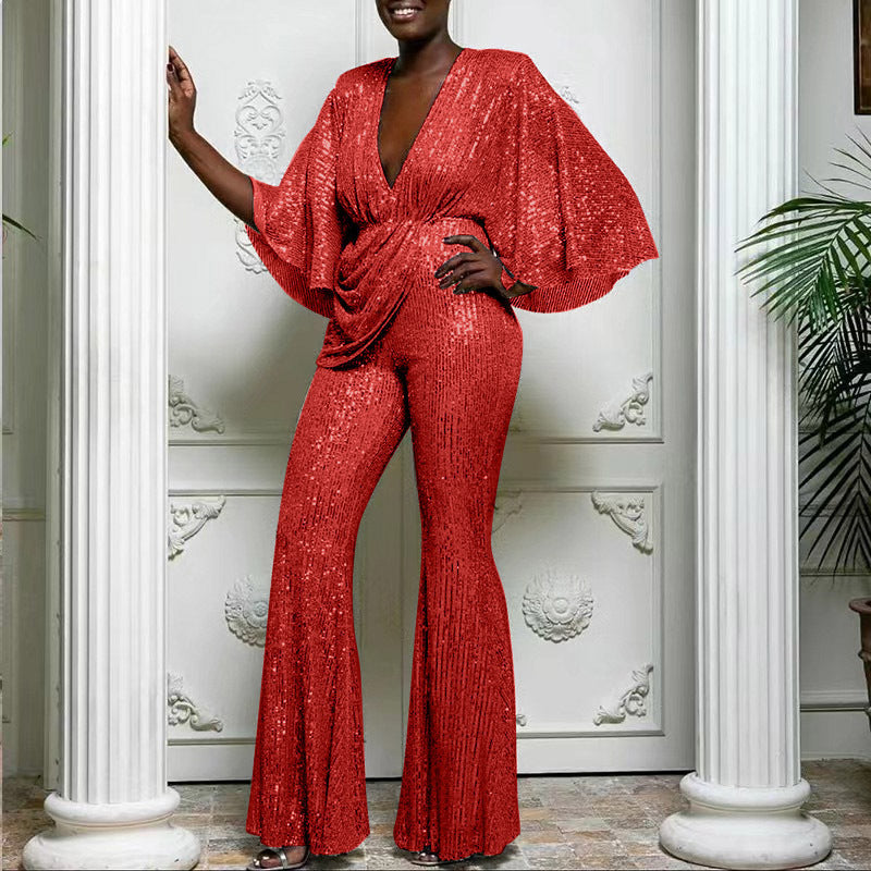 Damen Glitzerndes Jumpsuit mit weiterem Ärmel und tiefem V-Ausschnitt Drune