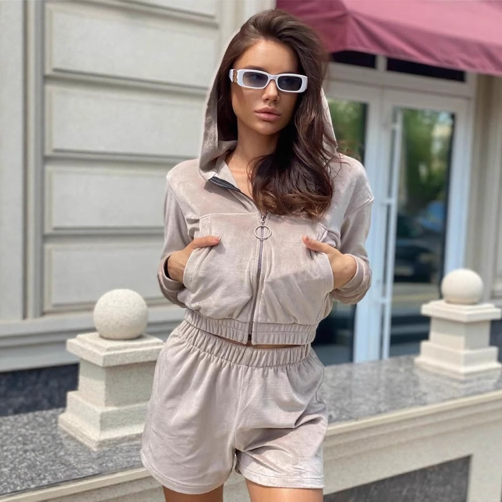 Damen modisches Cropped Hoodie- und kurze Hose-Set