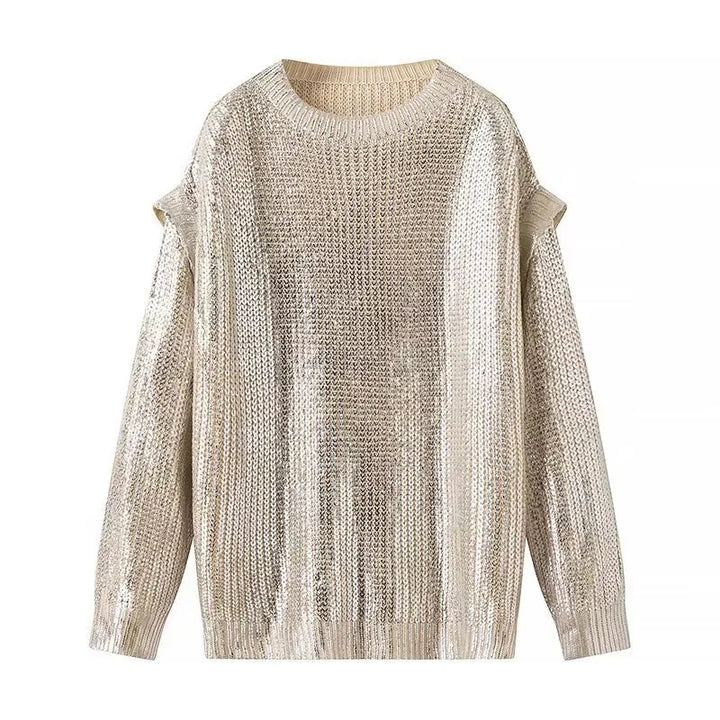 Damen nan leicht glänzender Grobstrick-Pullover mit Cut-Out-Schultern und Rundhalsausschnitt Drune