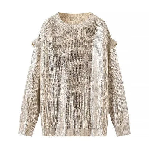 Damen nan leicht glänzender Grobstrick-Pullover mit Cut-Out-Schultern und Rundhalsausschnitt Drune
