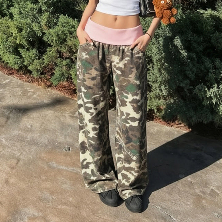 Damen nan weite Lounge-Hose mit Umschlagbund, Camouflage‑Muster und elastischem Komfortstretch Drune