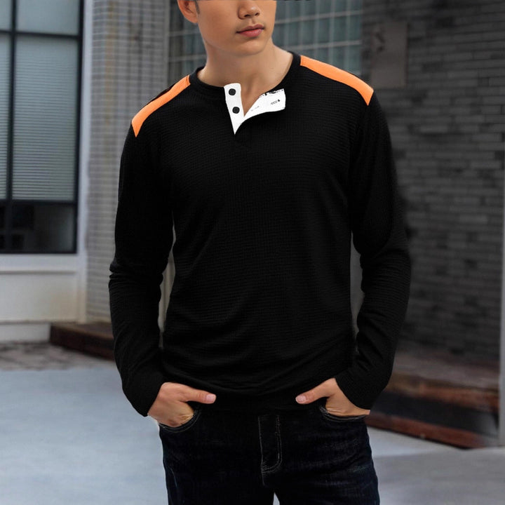 Herren strukturiertes Henley-Langarmshirt mit Stehkragen, Schulterpaspel und Waffelstruktur Drune