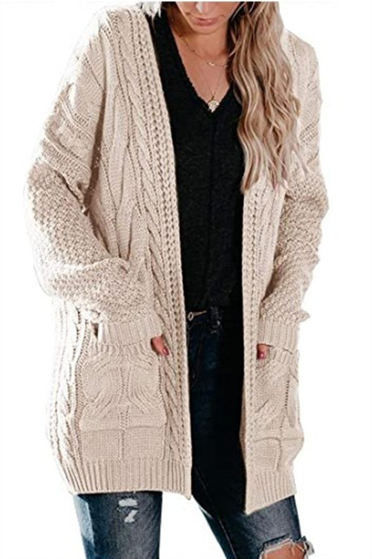 Damen Grobstrick Cardigan mit offenen Taschen und voluminösen Ärmeln Drune