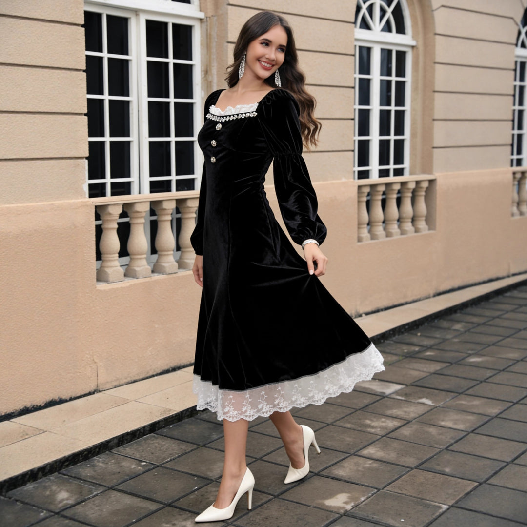 Damen Samt‑Midikleid mit quadratischem Ausschnitt, Puffärmeln und Spitzenuntertritt Drune