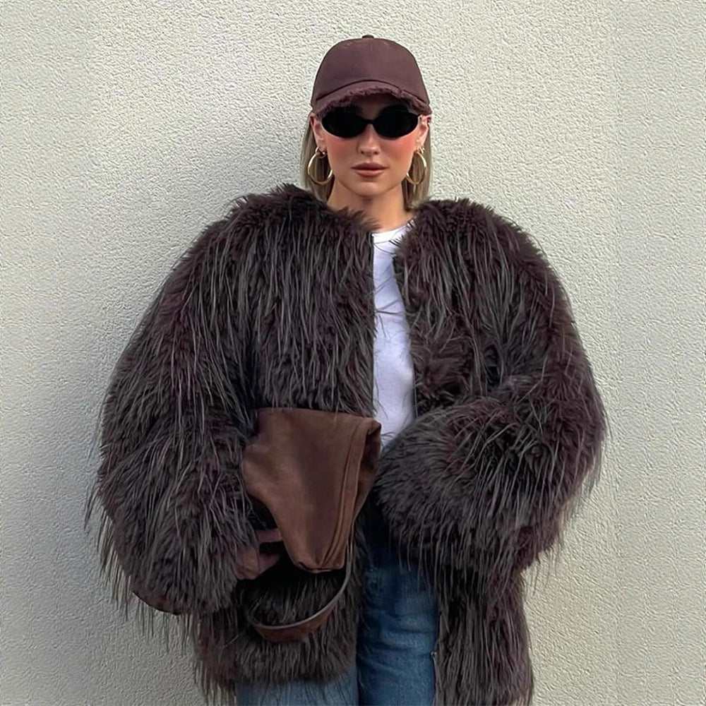 Damen Oversize Kunstpelz‑Mantel mit langfloriger Shag‑Optik und kastiger Silhouette Drune
