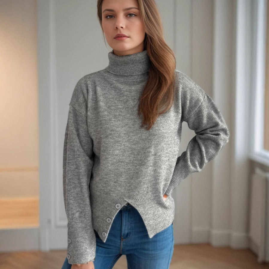Damen gemütlicher Rollkragenpullover mit Knopfdetails Drune