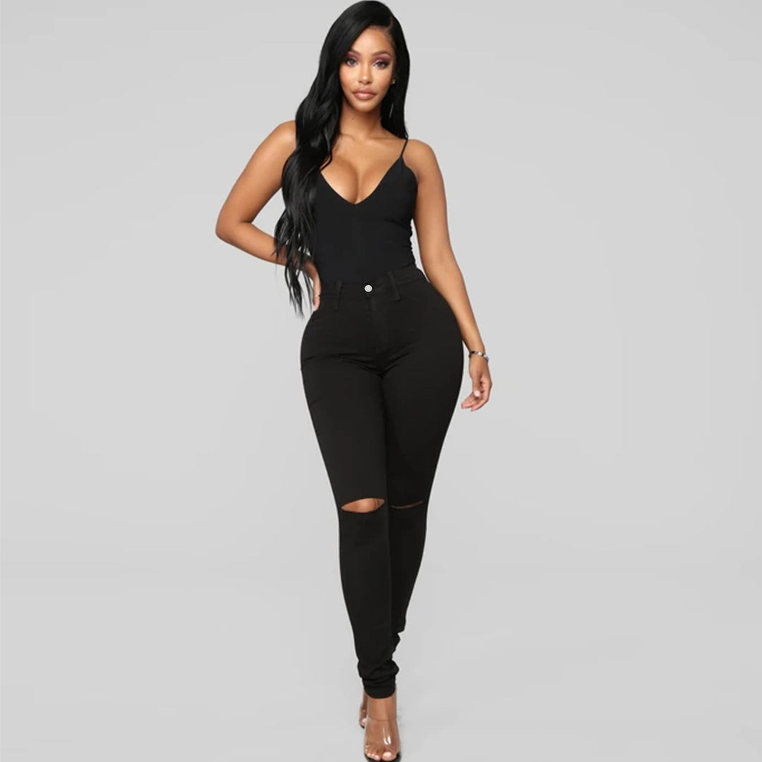 Damen High-Waist Skinny-Jeans mit Knie-Rissen und figurformendem Schnitt Drune