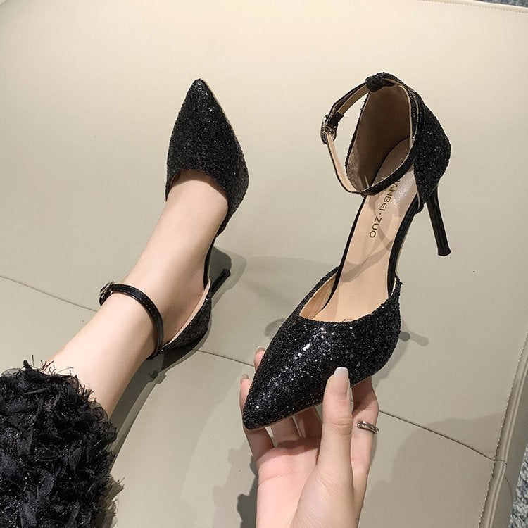 Damen elegante Spitzen High Heels mit transparentem Riemen Drune