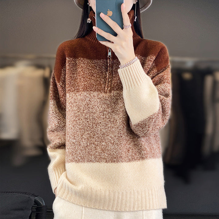 Damen Oversize-Strickpullover mit halbem Zip, meliertem Blockstreifen und weichem Flor Drune