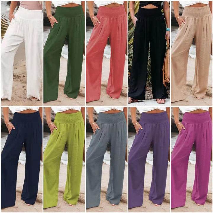 Damen weite Leinenhose mit elastischem Taillenbund und seitlichen Falten Drune