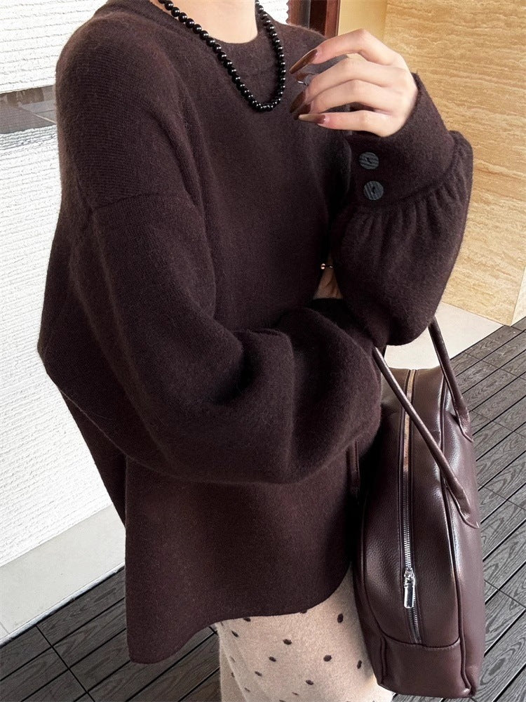 Damen Oversize-Feinstrickpullover mit Ballonärmeln und Knopfmanschette Drune