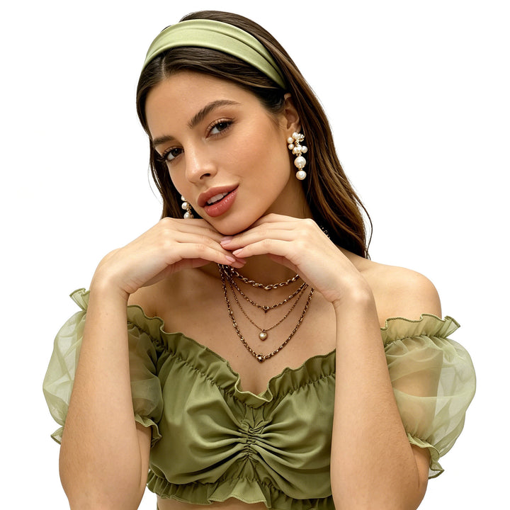 Damen nan gerafftes Crop Top mit Carmenausschnitt und transparenten Organzaärmeln Drune