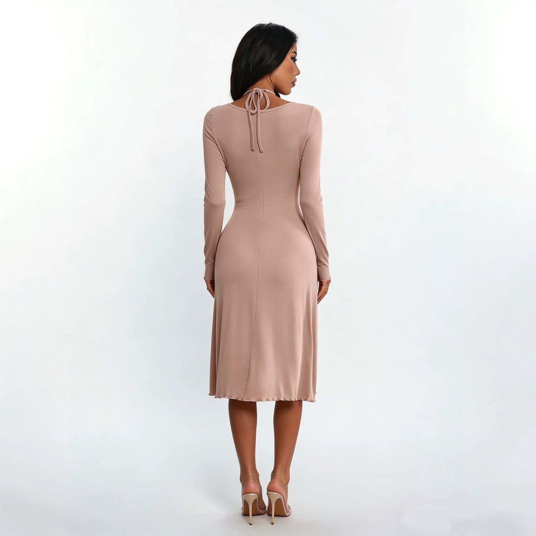 Damen gerafftes A-Linien Midikleid mit gekreuzten Trägern, figurformender Brustpartie und langen Ärmeln Drune
