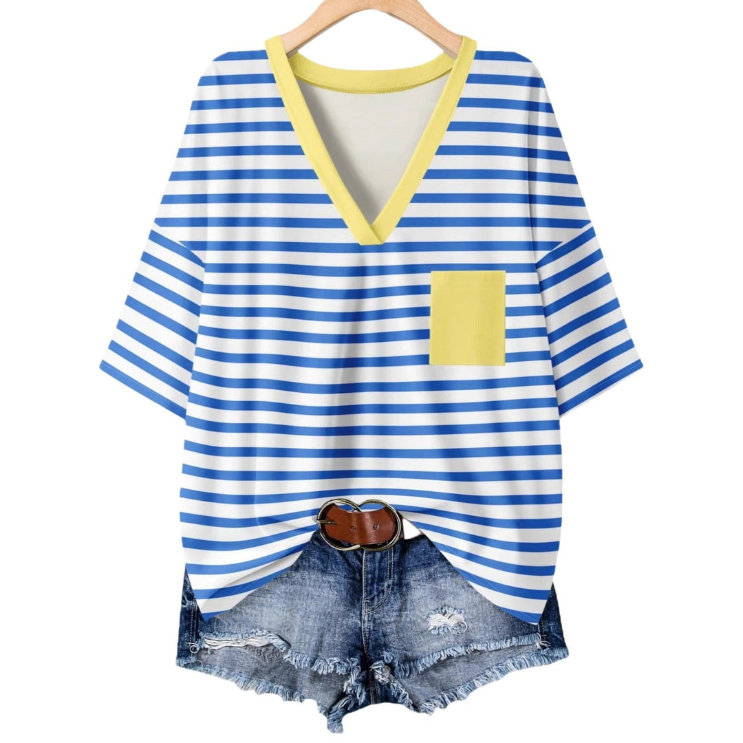 Damen lässiges V-Neck T-Shirt mit Streifen-Design Drune