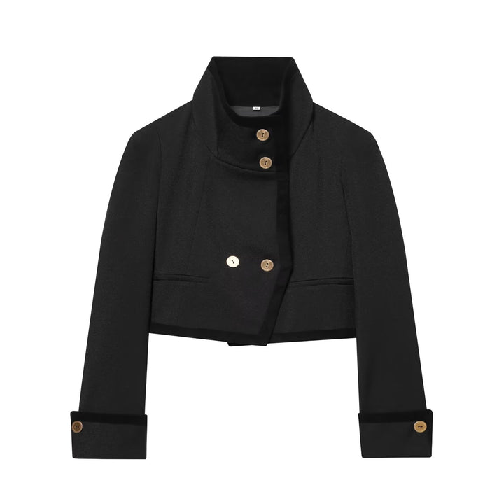 Damen Kurze Cropped-Boxy-Jacke mit hohem Stehkragen und dekorativen Metallknöpfen Drune